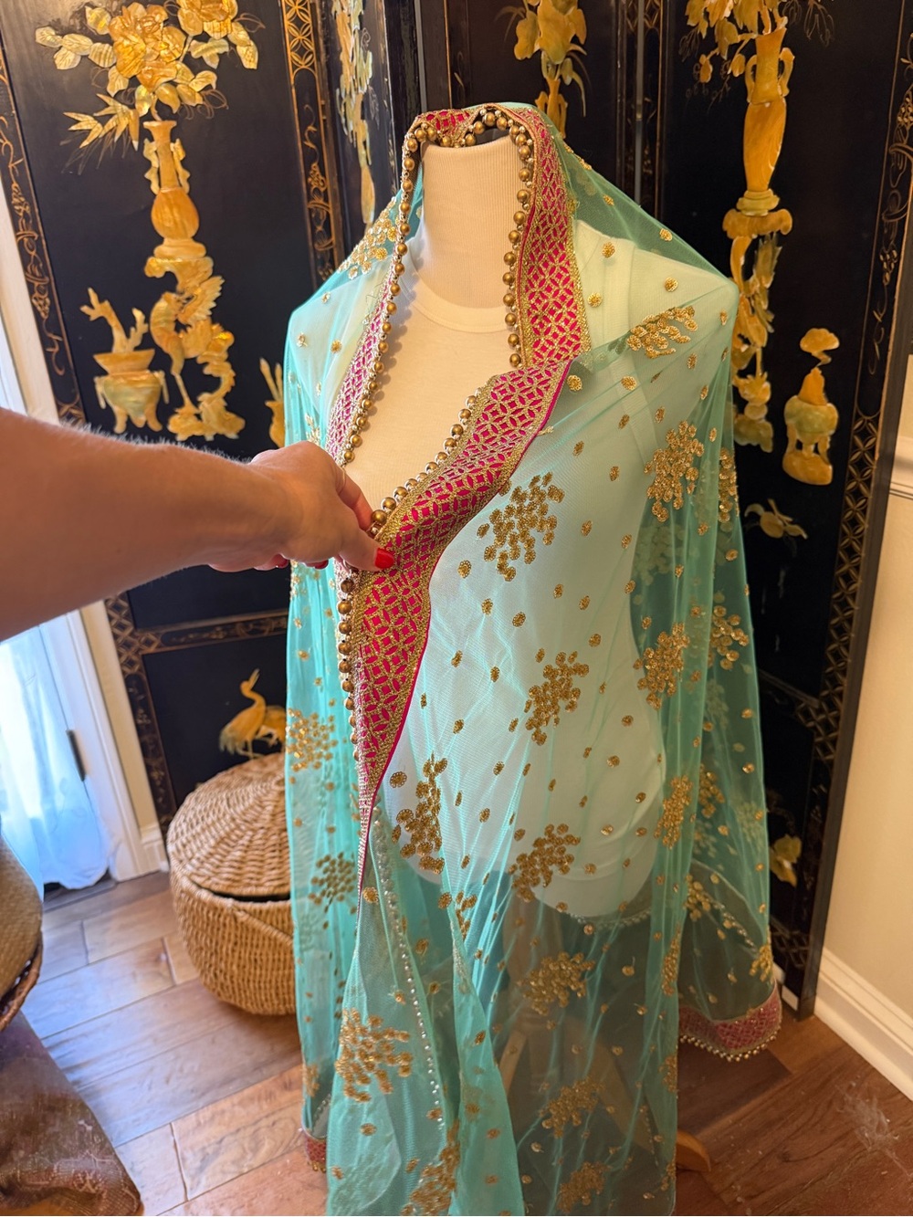 Embroidered Turquoise and Gold Beaded Scarf with Pink Trim 92x38 - Picture 2 of 9
